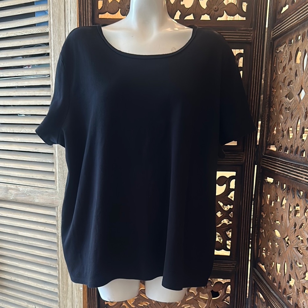 Eileen Fisher Woman Black 100% Cotton Short Sleeve Knit Tee / T Shirt Top.